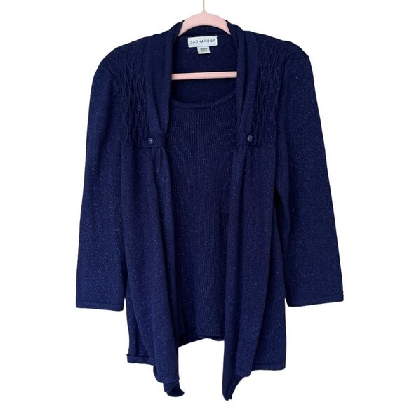 Sag Harbor Sweaters - Sag Harbor Womens 2 in 1 Scoop Neck Cardigan Sweater Size M Blue Glitter Dressy
